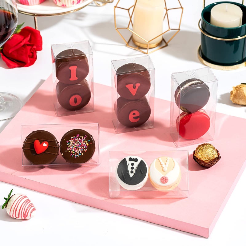 RomanticBaking 100 عبوة من صناديق الماكارون الشفافة لعلبتين من البلاستيك الصغير المغطى بالشوكولاتة مقاس 4.17 × 2.16 × 1.37 بوصة لحفلات الزفاف وحفلات استقبال المولود الجديد وصناديق المخبوزات الصغيرة وصناديق حلوى المعجنات - Image 5
